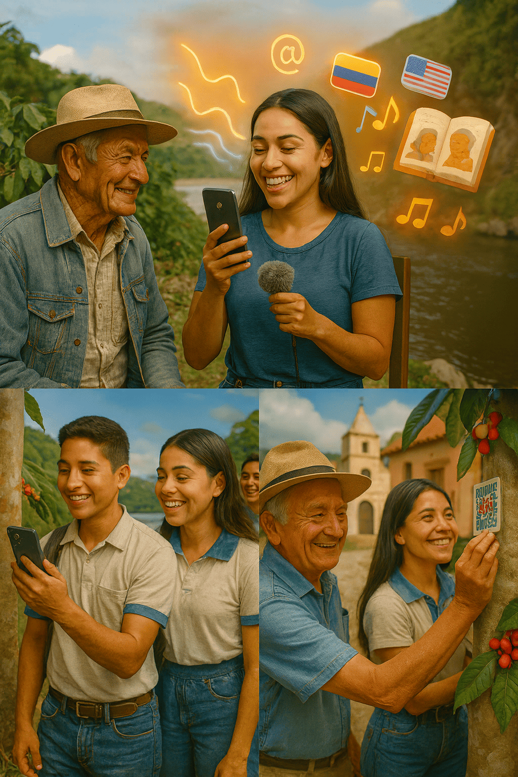 Jóvenes y adultos mayores reunidos en entorno rural